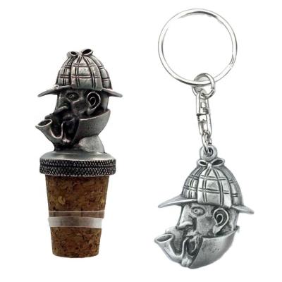 China Gift Set Disposable Sherlock Holmes Hand Crafted Pewter Bottle Cap and Key Ring for sale