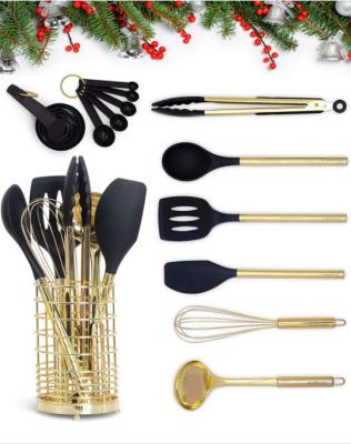 China Black & Gold Kitchen Utensils With Metal Gold Utensil Holder 17PC Gold Cooking Utensils Set Includes Black & Gold Measur for sale