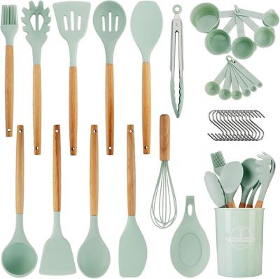 China Silicone Kitchen Utensil Sets Wooden Handle Kitchen Gadgets Utensils Set for sale