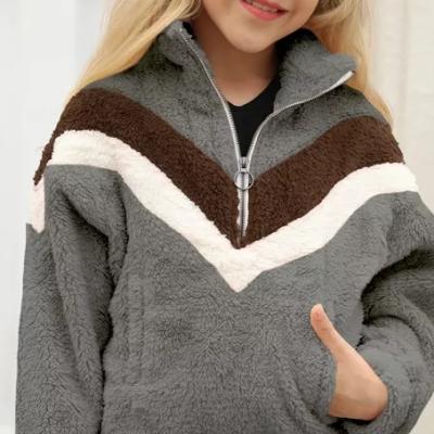 China Breathable White Color Block Stripe Half Zip Girl Fleece Sweatshirt With Pocket for sale