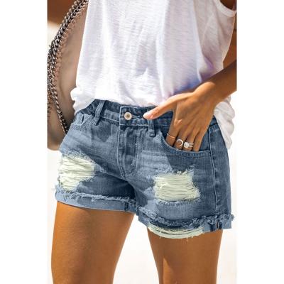 China Fashion Breathable Women's Light Blue Paper Bag Waist Jeans Shorts for sale