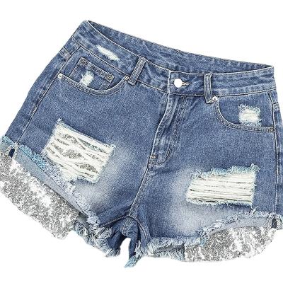 China Wholesale Breathable Casual Light Blue Washed Distressed Denim Shorts For Women for sale