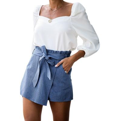 China New Women's Sky Blue Pocket Breathable Denim Wrapped Skort Jeans for sale