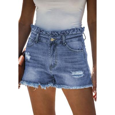 China Breathable Custom Washed Ride Ruffled Waist Jeans Shorts for sale