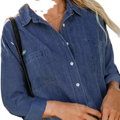 China Sky Blue Turn Down Collar Button Down Long Sleeve Denim Shirt Anti-pilling for sale