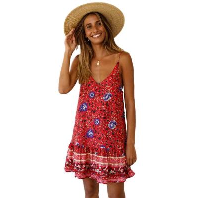 China 2020 New Arrivals Summer V-Neck Slip Casual Spaghetti Strap Floral Women Loose Sleeveless Boho Mini Dresses for sale