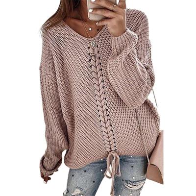 China Anti-Wrinkle Logo Pink Custom V-Neck Long Sleeve Lace Up Knitted Sweater Tops Women for sale