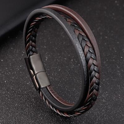 China New Arrival FASHIONABLE Men's Handmade Leather Jewelry 3 Layers Real Leather Bracelet Men's Magnetic Clasp Bracelet for sale