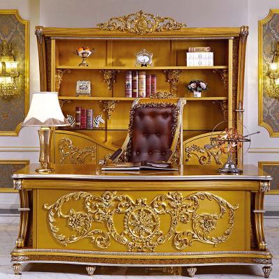 China Royal bedroom furniture sets classic European luxury antique wood cabinet golden study desk chair hand carved home furnitures for sale