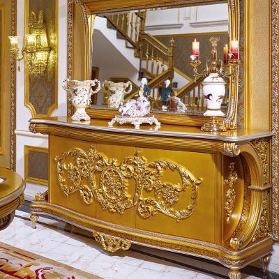 China Royal diningroom furniture European antique dining console table storage sideboard chair golden home hand carved wood cabinet for sale