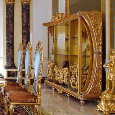 China Royal dining room furniture sets classic European french antique dinning glass wood cabinet golden hand carved home furniture for sale