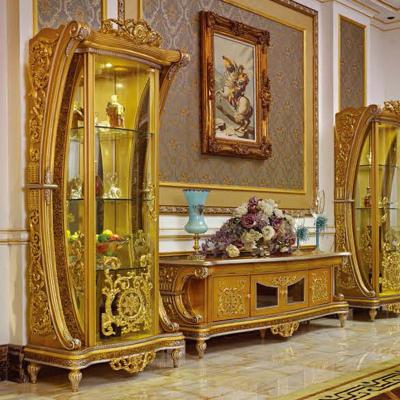 China Luxury European designs classic tv stand console table glass cabinet solidwood hand carved royal living room home furniture sets for sale