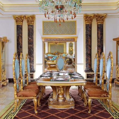 China Royal dining room furniture set European style french antique dining table solid wood cabinet golden whole house furniture for sale