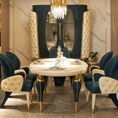 China Modern dining room home furniture marble table top design high quality luxury stainless steel dinning tables leather chair sets for sale