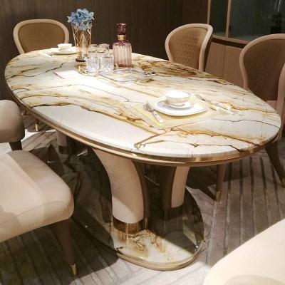 China Modern home furniture sets luxury design stainless steel high quality natural marble top dining table leather dinning chair for sale