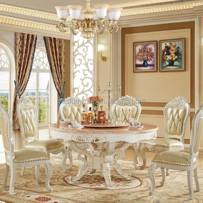 China Antique European dining room furniture set classic luxury French dinner marble top tables solid wood carved round table for sale