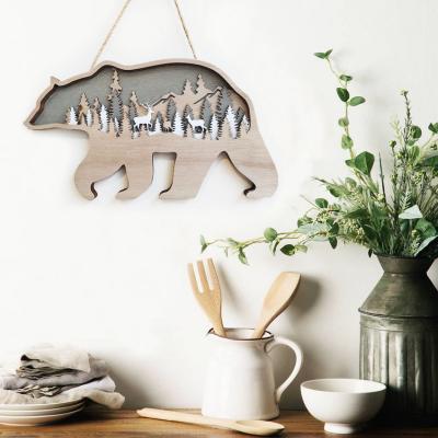 China Europe Brown Bear Landscape Decoration Wood Carved Hanging Creative Home Decoration for sale