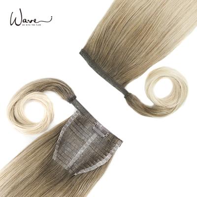 China Tangle Free Customized Ombre Color Wrap Around Straight Blonde Ponytail Hair Extensions for sale