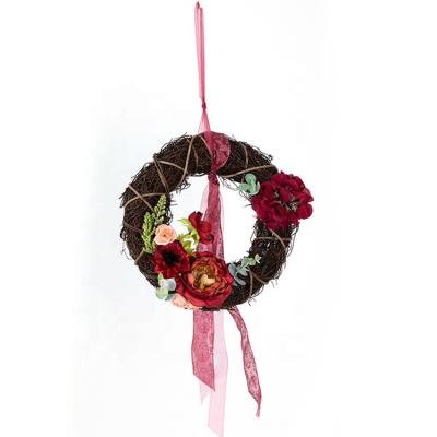 China Home Decor Eco - Friendly Handmade Dried Red Silk Rattan Peony Rose Wreath for sale