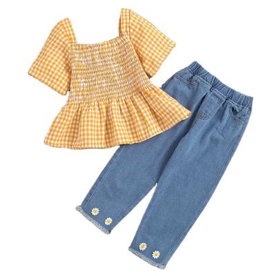 China 2022 Yellow 2 Piece Lattice Little Girl Spring Clothes Kid Casual Set Clothes Suit Kids Short Sleeve Jeans Outfit for sale