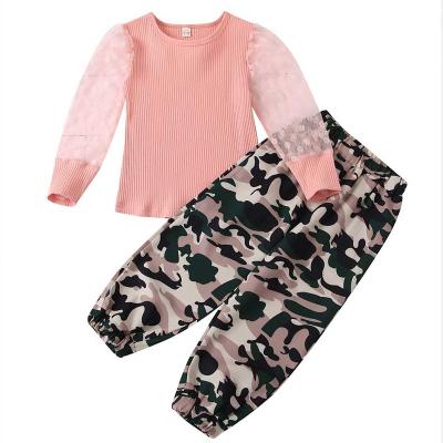 China Casual Kids Lace Up Long Sleeve Lace Sweater Tops Camouflage Print Pants Babies Two Piece Outfits Long Pants for sale