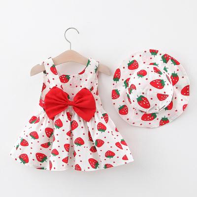 China 2021 Summer Breathable Baby Clothes Girls Red Pink Yellow Strawberry Printed Big Bow Backless Casual Dress With Hat for sale