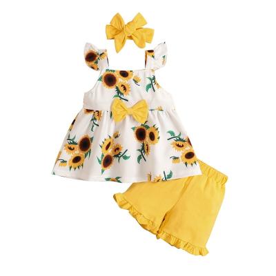 China 2021 summer new breathable baby floral sunbathing tops two-piece set shorts pants with headband children girl casual dress clothes for sale