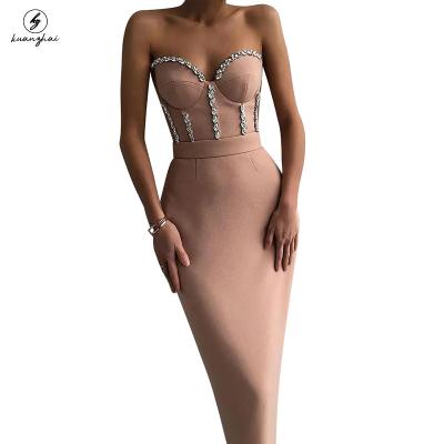 China Rhine Bandage Maxi Bodycon Dress Graceful Women Breathable Solid Strapless Backless Stone Dress Dress for sale