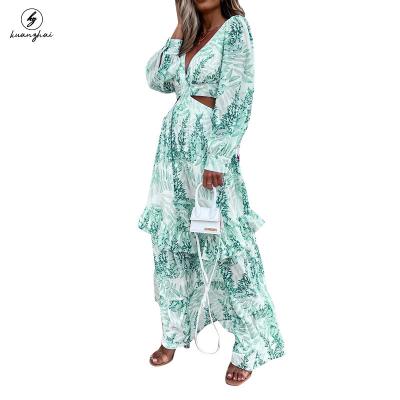 China Custom Made Floral Printing Lady Long Casual Dress Elegant Sexy Waist Anti-Static Hollow Out Women's Maxi Beach Maxi Dress for sale