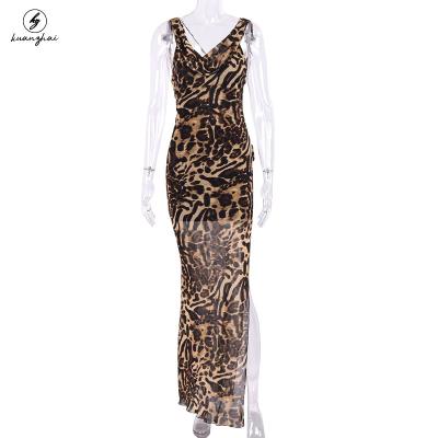 China 2023 Anti-Static Women Customized Leopard Print Casual High Slit Backless Bodycon Maxi Tulle Dress for sale