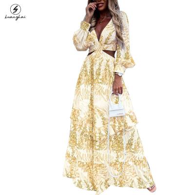 China Custom Made Floral Printing Lady Long Casual Dress Elegant Sexy Waist Anti-Static Hollow Out Women's Maxi Beach Maxi Dress for sale