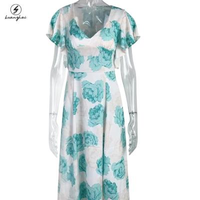 China Fashion Anti-Static Summer Floral Print Deep V Neckline Drape Long Women Dress Maxi Chiffon Casual Dress Elegant Beach Ladies Bohemian Dresses for sale