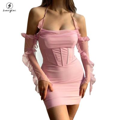 China New Summer Anti-static Ladies Nightclub Party Sexy Backless Mesh Dresses Ruffles Thin Halter Mini Dress Women for sale