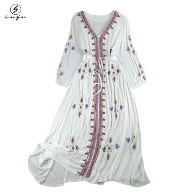 China OEM Manufacturer Summer Bohemian Women Beach Long Sleeve V-Neck Bandage Dress Casual Vacation Maxi Dresses for sale