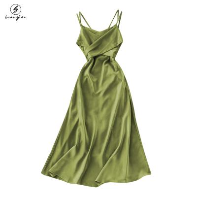 China Anti-Static Custom Women Satin Slip Dress Spaghetti Strap Bow Backless Tunic Belted Elegant Holiday Party Sexy Midi Dress for sale