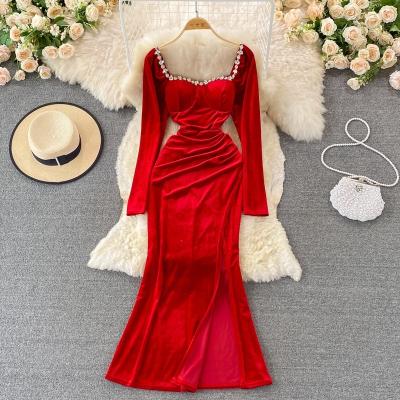 China Women's Red Velvet Dress Collar Anti-Static Edge Custom Elegant Long Sleeve Women's Slim Dresses Wedding Even Dressing for sale