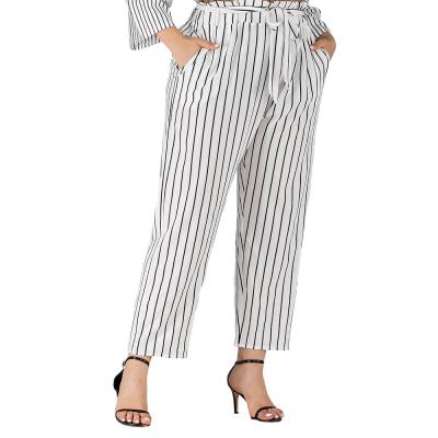 China Sustainable Women Fashion Pants Plus Vertical Stripe Casual Pants Plus Size Wide Leg Pants Trousers With Belt for sale