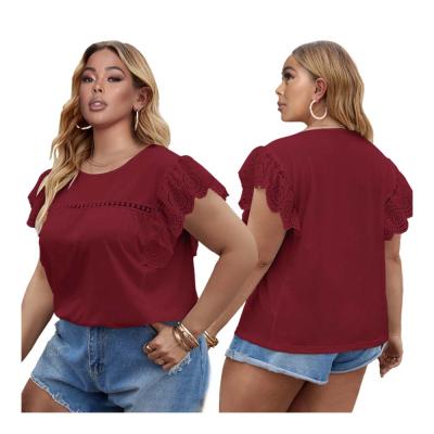 China Viable Plus Size Women T-shirts Lace Up Solid Color Round Neck Shirt Comfortable Casual Women's Blouse Tops Summer for sale