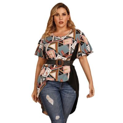 China Viable High Quality Round Neck T-shirt Short Sleeve Geometric Pattern Print Women s Asymmetrical T-shirt And Shirts for sale