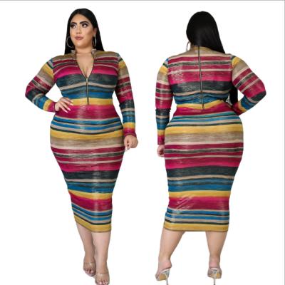 China Breathable New 2021 Striped Dress Tan Female Long Sleeve Plus Size Zipper Dress Popular Casual Midi Striped Skirt for sale