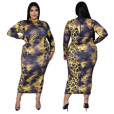 China Washable Fashion Dress Women's Casual Midi Dress Leopard Printed High Neck Bodycon Dress Long Sleeve for sale