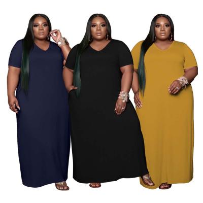 China Washable Plus Size Solid Color Dress V Neck Summer Tee Basic Dress Maxi Elegant Womens Casual Dresses for sale