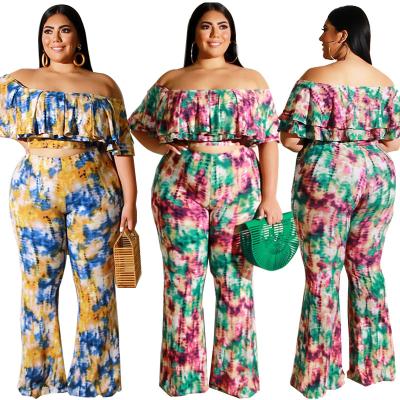 China Wholesale Printing Crop Top Ruffle Tie Dye Women Anti-pilling Off Shoulder Wide Leg Pants Two Piece Outfits for sale