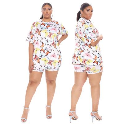 China Latest Design Anti-pilling Tops And Print Butterfly Pattern Short Set Suit Plus Size Women Shorts Casual Summer for sale