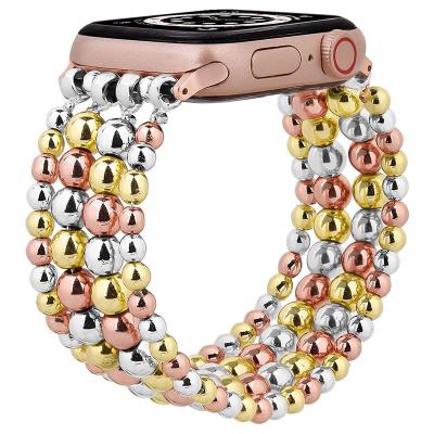 China Luxury Beaded Bracelet Elastic Chain Smart Watch With Metal Beads Watch Bands For Apple Watch Pearl Ultra SE 8 7 45mm 49mm for sale