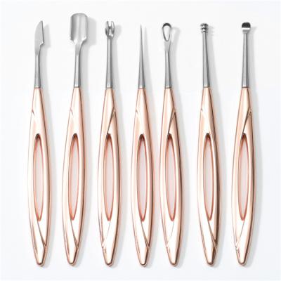 China Stainlless WELLFLYER Gold and Rose Gold Stainless Steel Nail Pusher gel nail polish remover tools double side nail cuticle pusher for sale