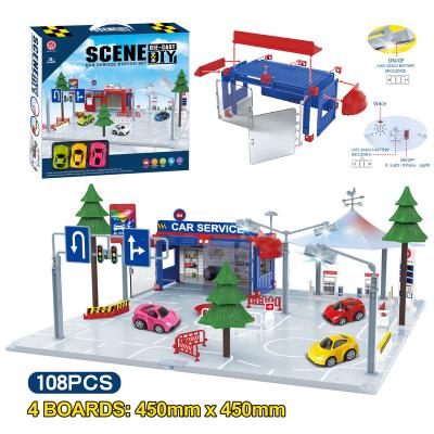 China DIY TOY Recycled Plastic Light Blocks For Building Construction Gas Station Scene With Cars Toy for sale