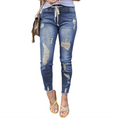 China Limited Time Sustainable Discounts Womens Woven Stretch Denim Blue Ripped Skinny Jeans for sale