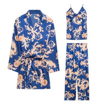 China Breathable Women Dragon Printed Satin Pajamas Set 3 Piece Satin Pajamas for sale