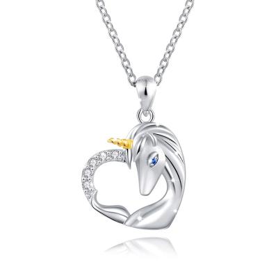 China CLASSIC Heart Shaped Gold Unicorn Pendant 925 Sterling Silver Necklace Jewelry Horn Birthday Gift for sale